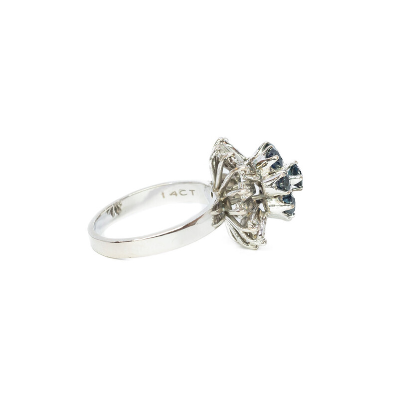 Vintage 14ct White Gold Sapphire & Diamond Flower Ring Size Q #58030