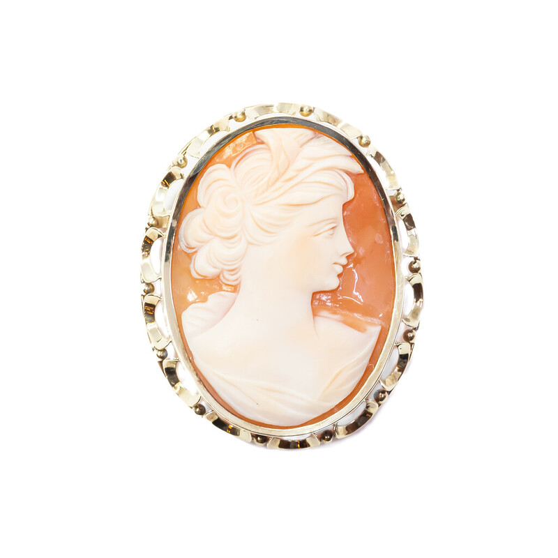 Vintage 14ct Yellow Gold Lady Cameo Brooch Pin #59416