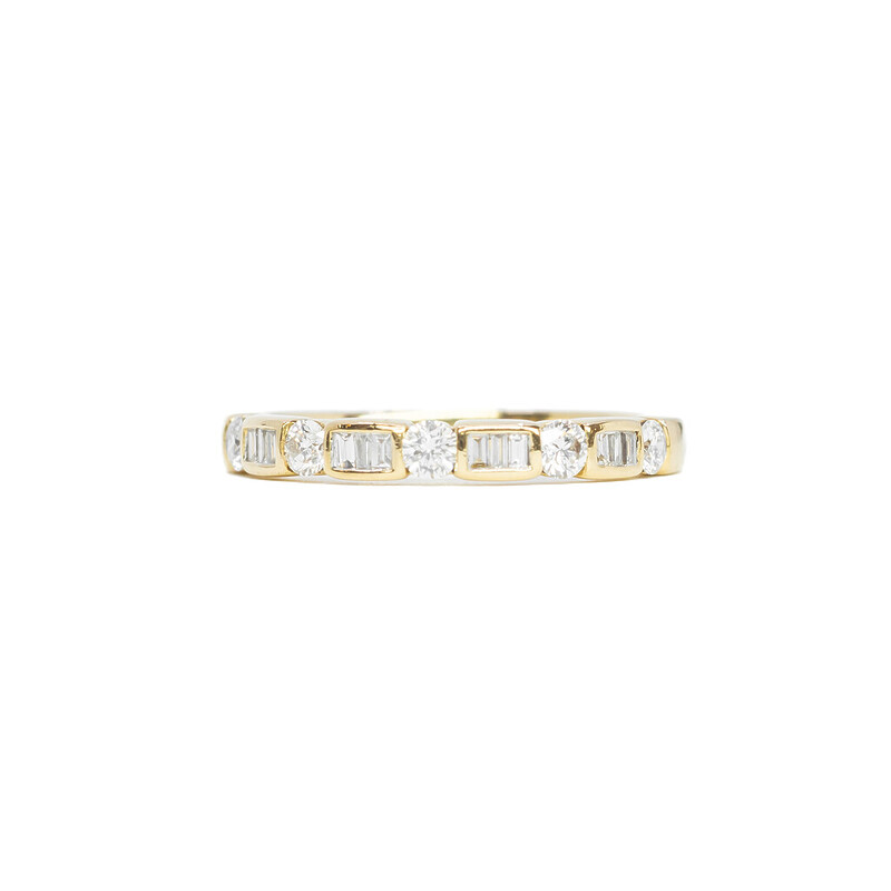 18ct Yellow Gold Diamond Eternity Round & Baguette Band Ring Size P #61649