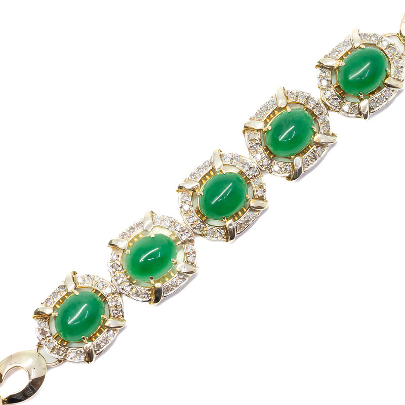 14ct Yellow Gold Jade & Diamond Bracelet 18cm #55241