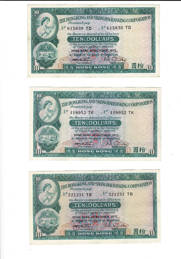 3 X Hong Kong 1972 $10 Banknotes (crisp / Excellent Condition) #59269