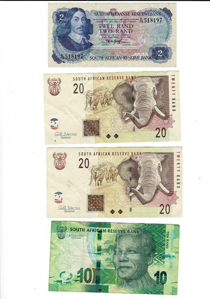 4 X South Africa Banknote Collection Lot (2 Rand / 10 Rand / 2 X 20 Rand) #59269-20