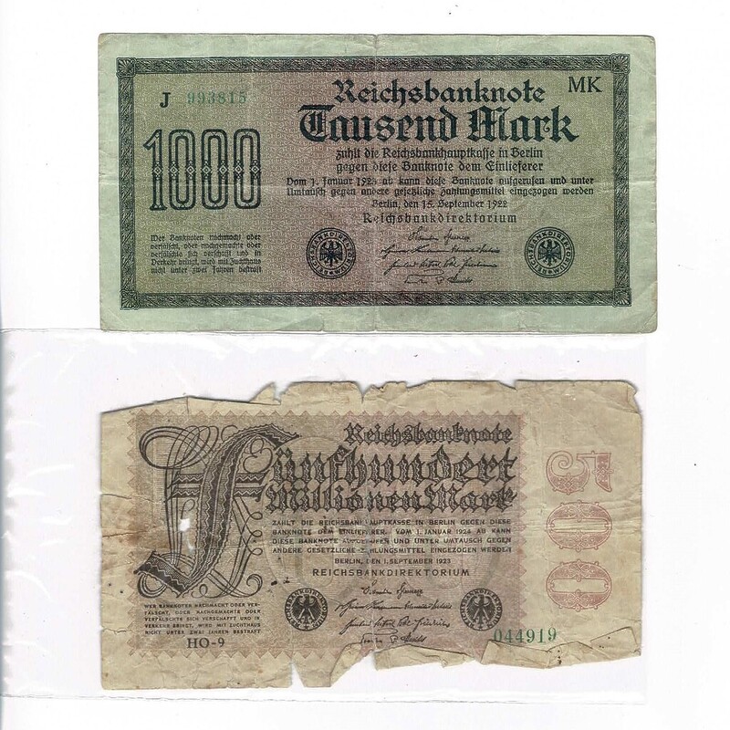 2 X Antique 1922-1923 Germany Weimar Republic Banknotes 1000 & 500-Million Marks #59269-28
