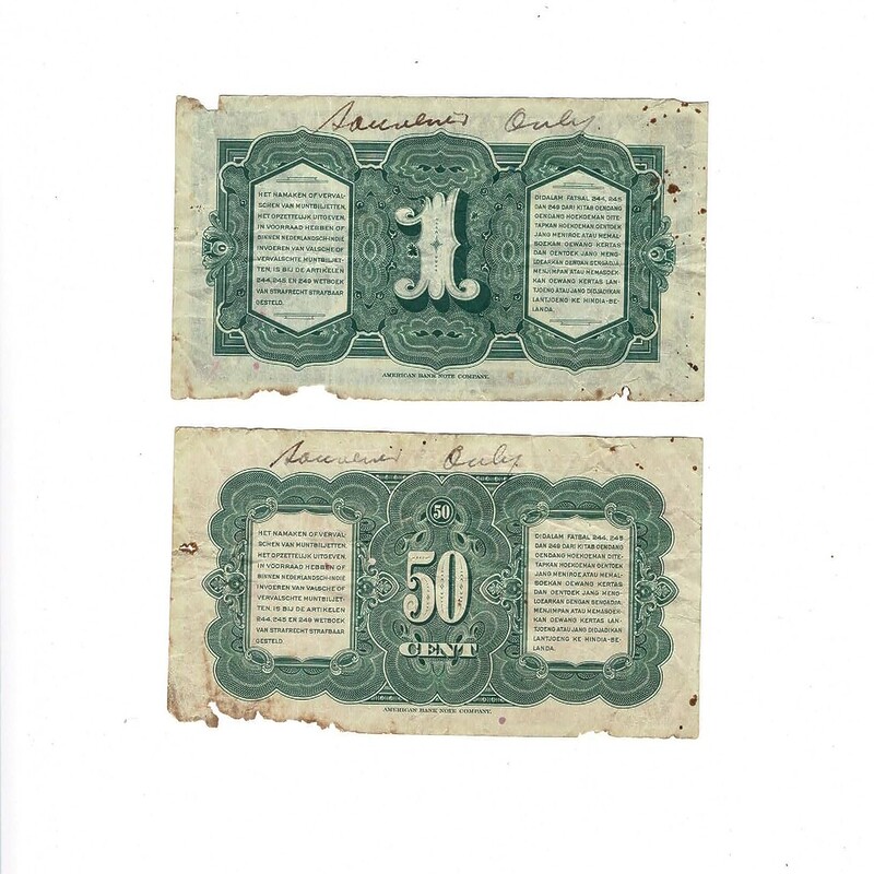 2 X 1943 Nederlands / Holland 50 Cents & 1 Gulden Banknotes #59269-30