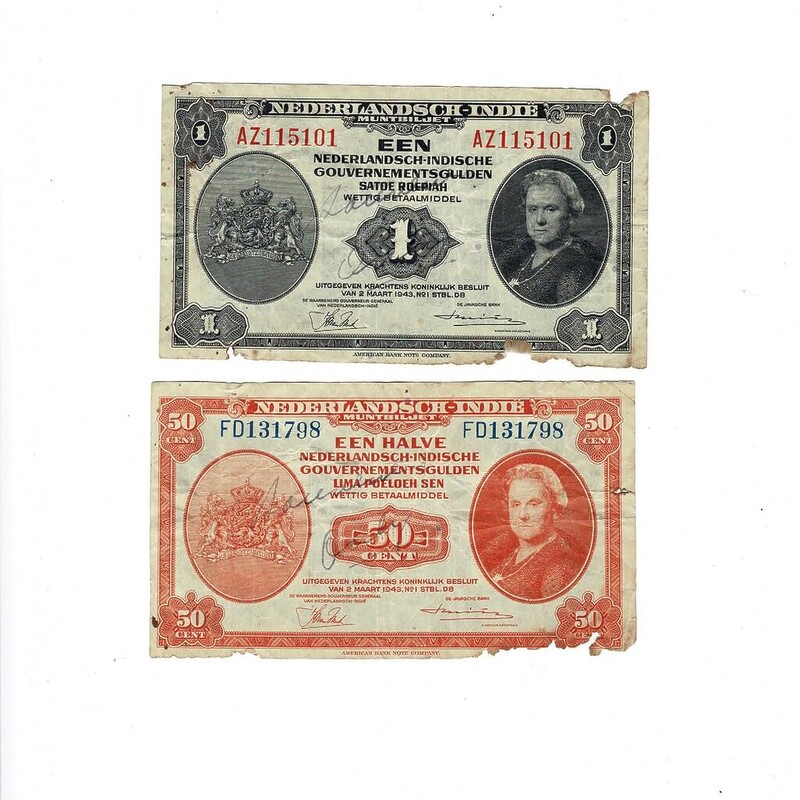 2 X 1943 Nederlands / Holland 50 Cents & 1 Gulden Banknotes #59269-30