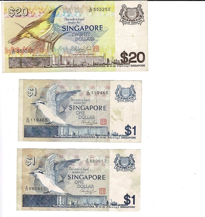 3 X Singapore Bird Series Banknotes ($20 & 2 X $1) #59269-5