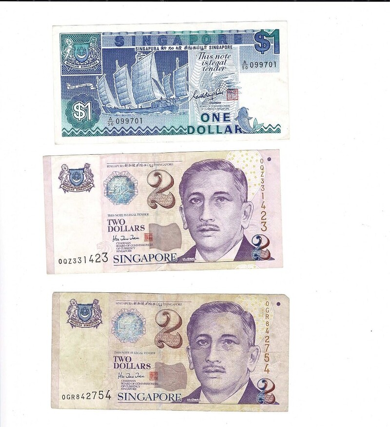 3 X Singapore Banknotes ($1 Boat / $2 Paper Portrait / $2 Polymer Portrait) #59269-6