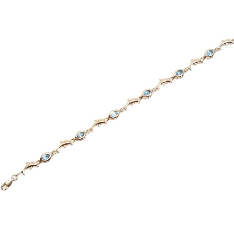 9ct Yellow Gold Dolphin Oval Blue Topaz Bracelet 19cm #62388