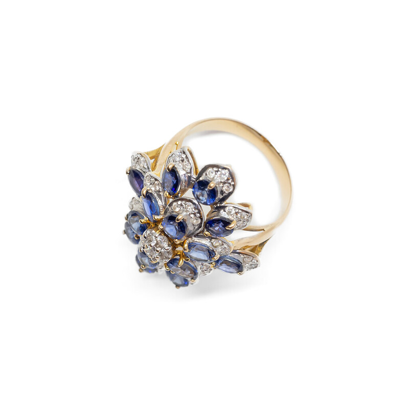 14ct Gold Sapphire & Diamond Flower Cocktail Ring Val $4000 Size M #61424