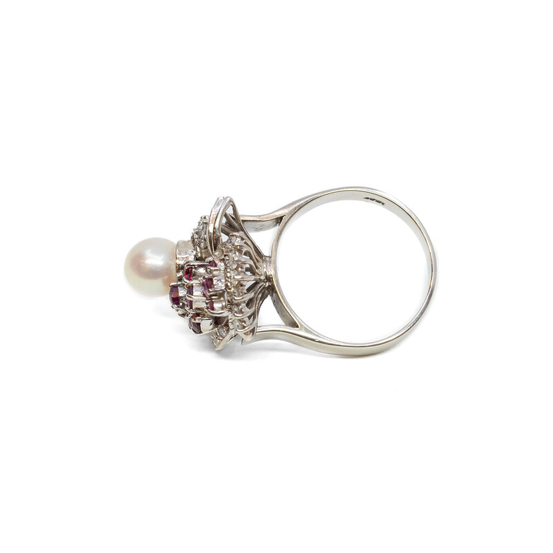 18ct White Gold Pearl Ruby & Diamond Cluster Ring Size Q Val $4200 #60018