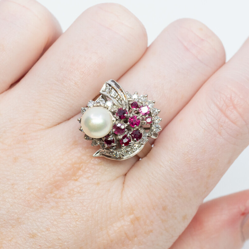 18ct White Gold Pearl Ruby & Diamond Cluster Ring Size Q Val $4200 #60018