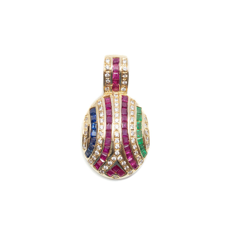 14ct Yellow Gold Ruby Sapphire Emerald Cluster Dome Pendant Val $3200 #56418