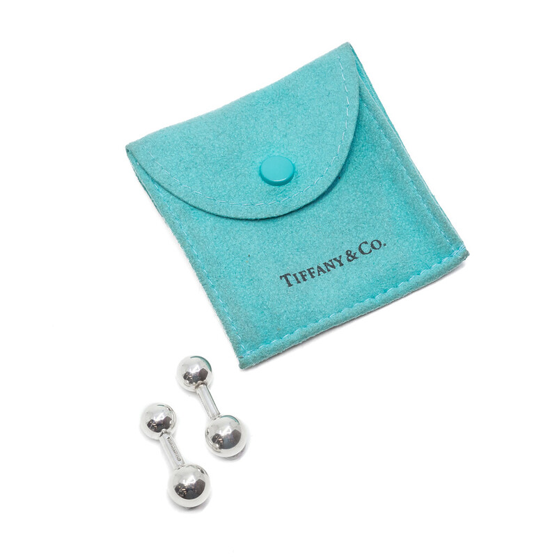 Tiffany & Co. Men's Silver Barbell Ball Cufflinks + Pouch #60616