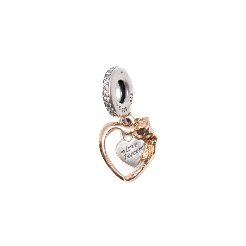 Pandora Two Tone Heart & Rose Flower Dangle Charm #60632-3