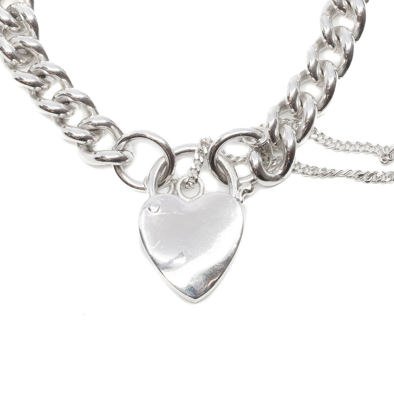 Sterling Silver Curb Link Heart Padlock Bracelet 19cm #62408