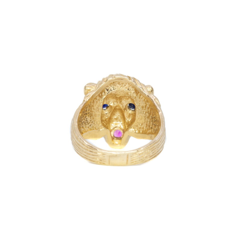 14ct Yellow Gold Lion Head Sapphire & Ruby Ring Size P #61763