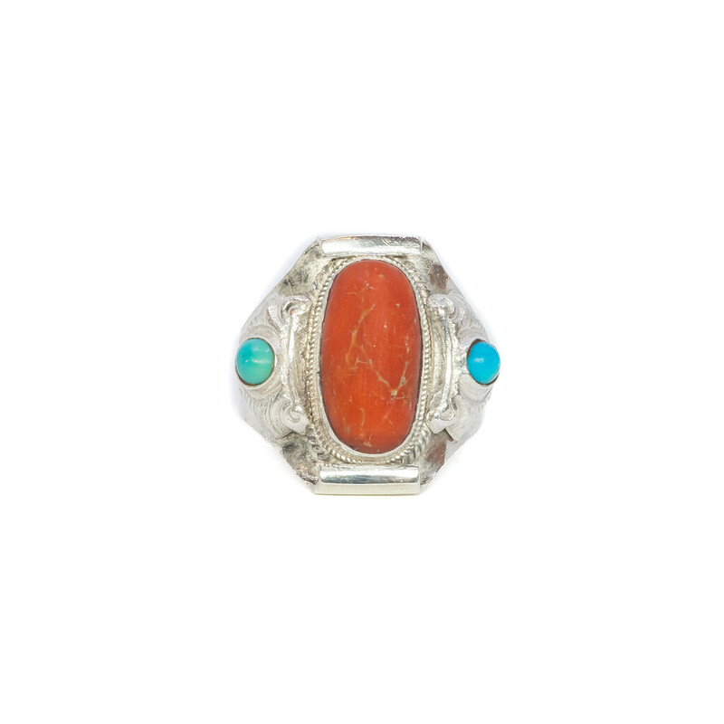 Sterling Silver Coral & Turquoise Ring Size R #62195