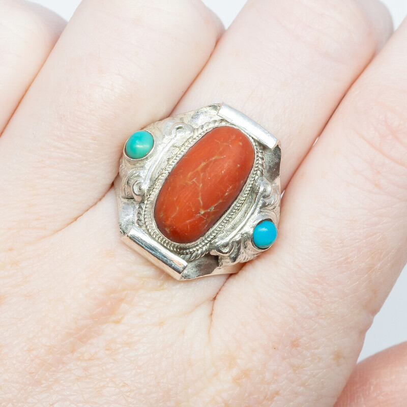 Sterling Silver Coral & Turquoise Ring Size R #62195