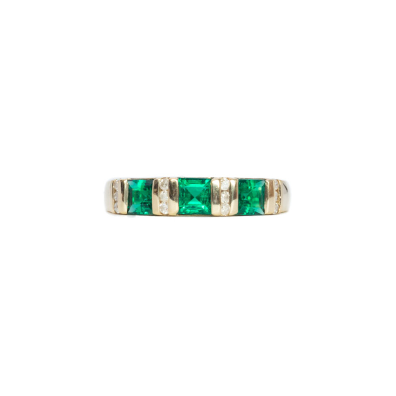 9ct Yellow Gold Emerald & Diamond Band Ring Size N 1/2 #61352