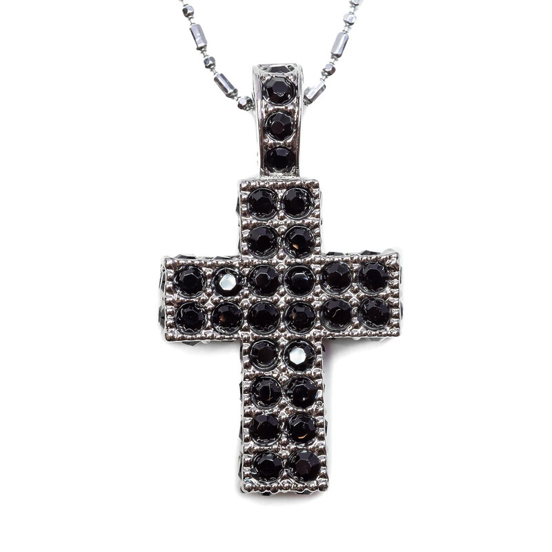 Swarovski Cross Pendant Necklace Black Crystal Pave Set 3D #61365