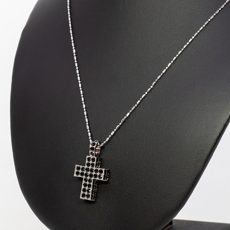 Swarovski Cross Pendant Necklace Black Crystal Pave Set 3D #61365