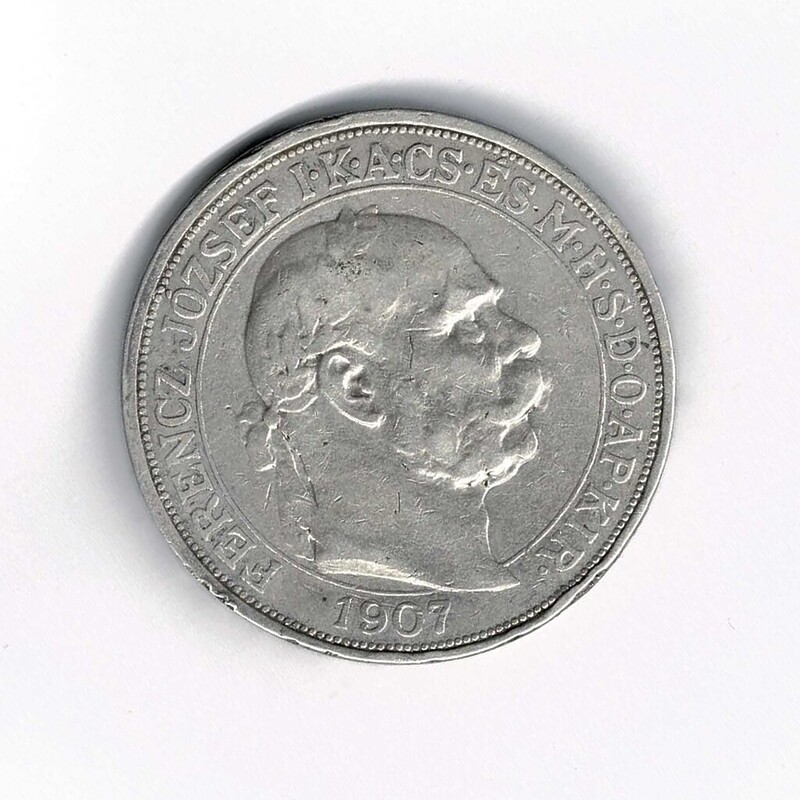 90% Silver Hungary - Franz Josef I - Coronation - 5 Korona 1907 Kb VF+ #59272
