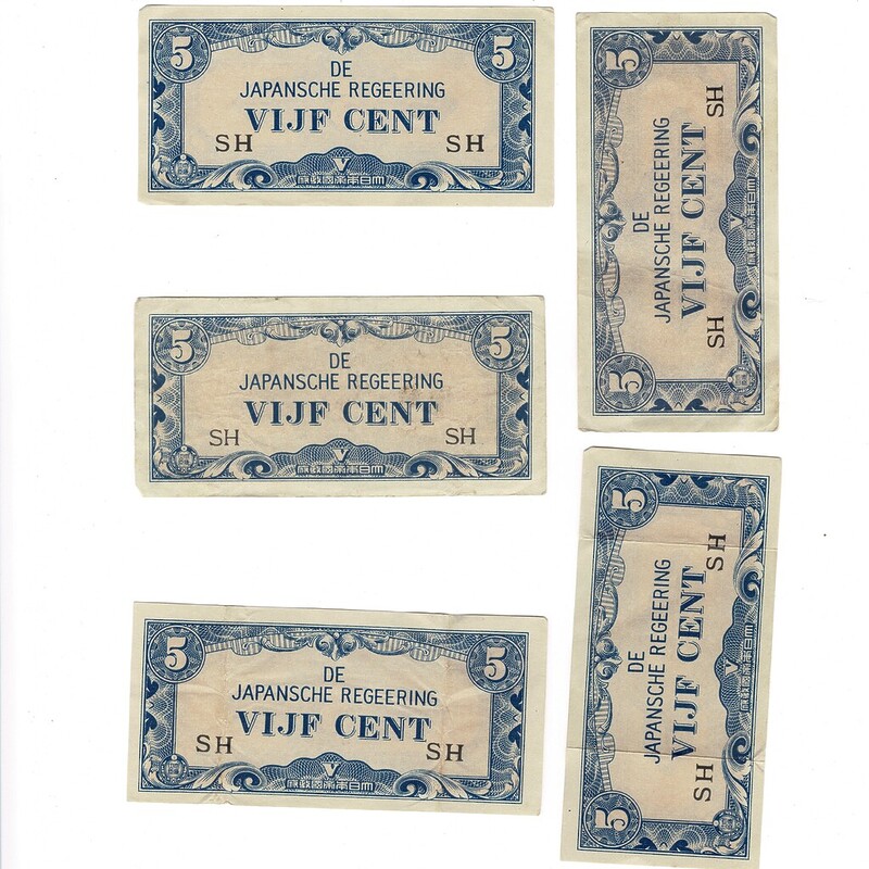 5 X 1942 Netherlands East Indies - Japan Invasion Money 5 Cent Banknotes #59287-11