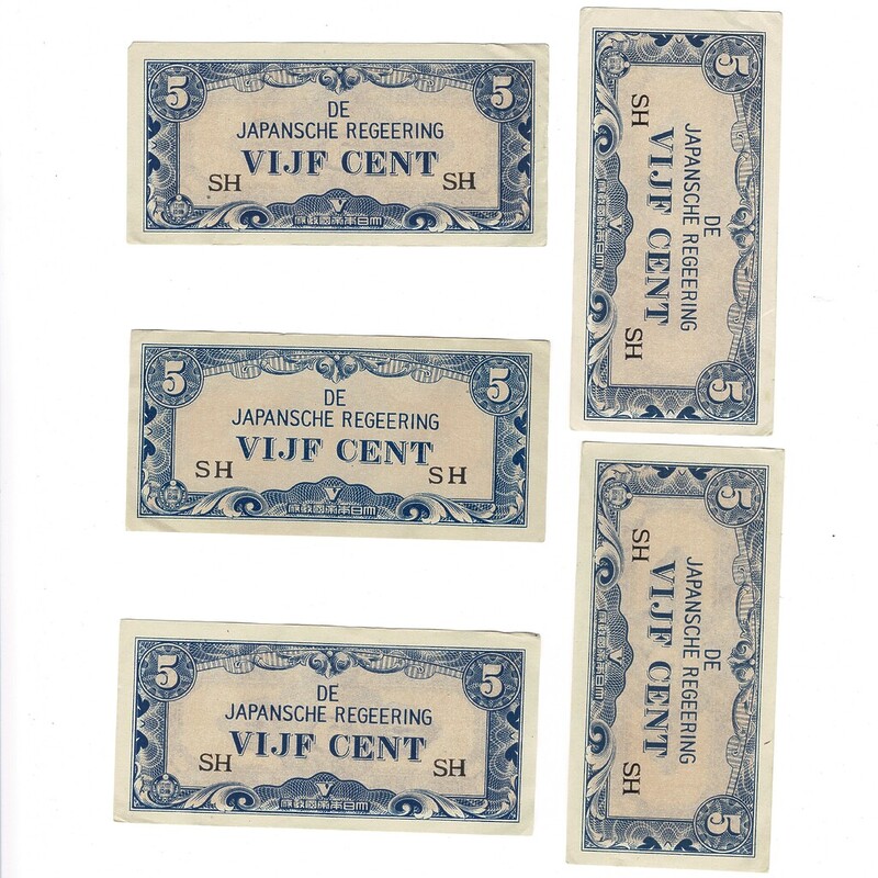 5 X 1942 Netherlands East Indies - Japan Invasion Money 5 Cent Banknotes #59287-20