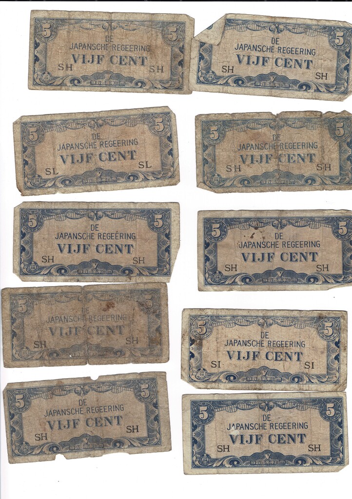10 X 1942 Netherlands East Indies - Japan Invasion Money 5 Cent Banknotes #59287-28