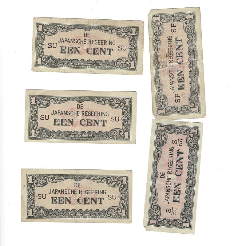5 X 1942 Netherlands East Indies - Japan Invasion Money 1 Cent Banknotes #59287-31