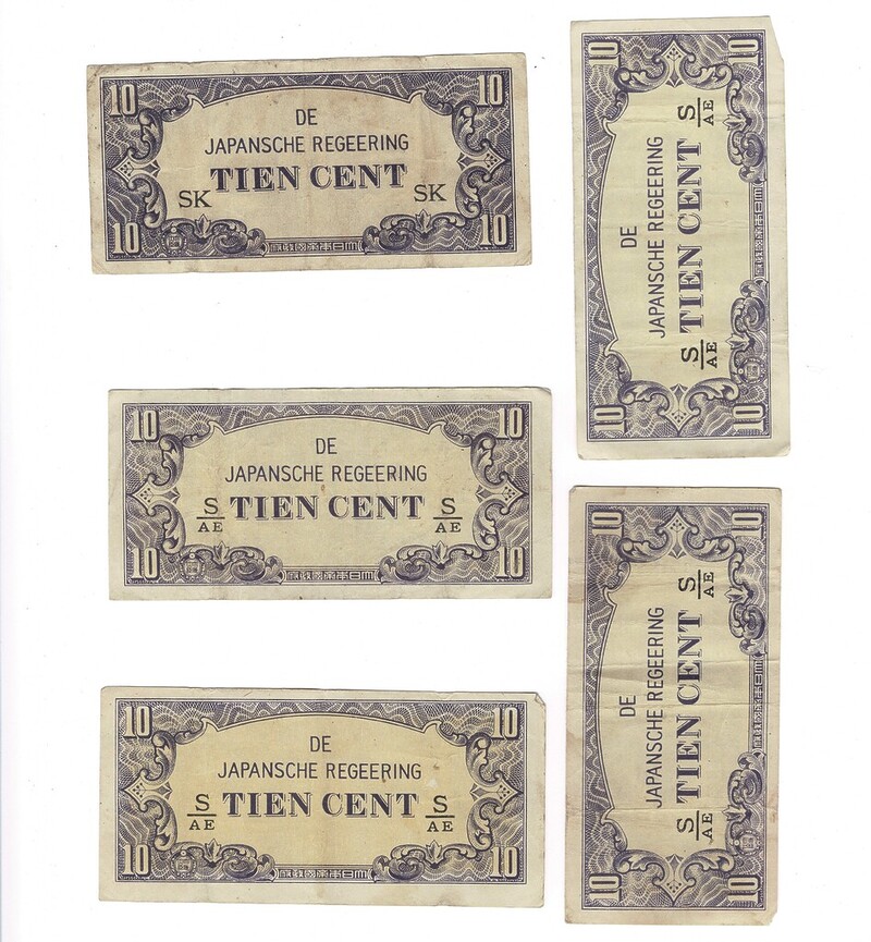 5 X 1942 Netherlands East Indies - Japan Invasion Money 10 Cent Banknotes #59287-33
