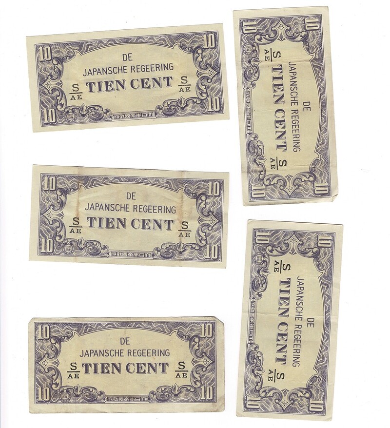 5 X 1942 Netherlands East Indies - Japan Invasion Money 10 Cent Banknotes (SK Included) #59287-36
