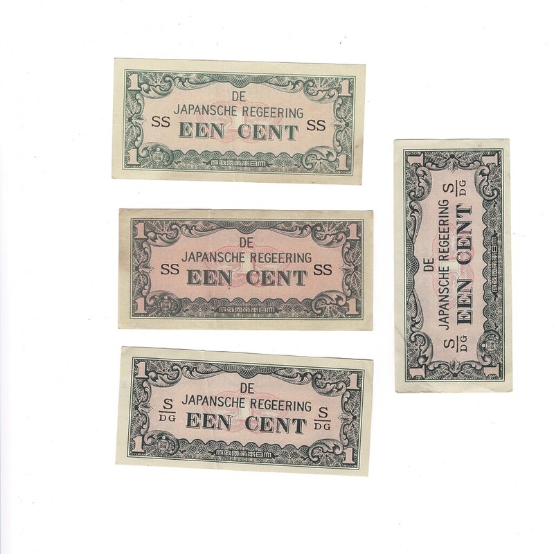 4x 1940s Netherlands East Indies - Japan Invasion Money 1 Cent Banknotes #59287-42