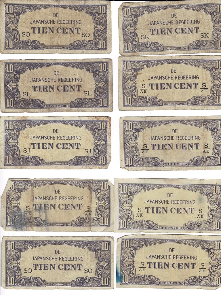 10x 1940s Netherlands East Indies - Japan Invasion Money 10 Cent Banknotes (Mostly 2 Letter) #59287-45