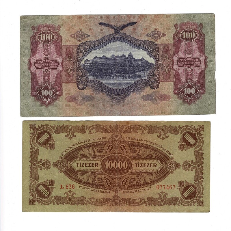 2x Hungarian Banknotes 1930 100 SZAZ & 1945 10000 Tizezer Pengo #59287-5