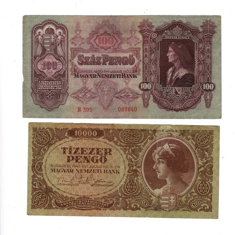 2x Hungarian Banknotes 1930 100 SZAZ & 1945 10000 Tizezer Pengo #59287-5