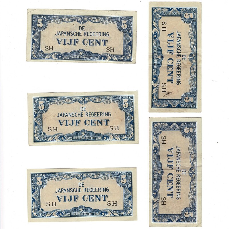 5 X 1942 Netherlands East Indies - Japan Invasion Money 5 Cent Banknotes #59287-7