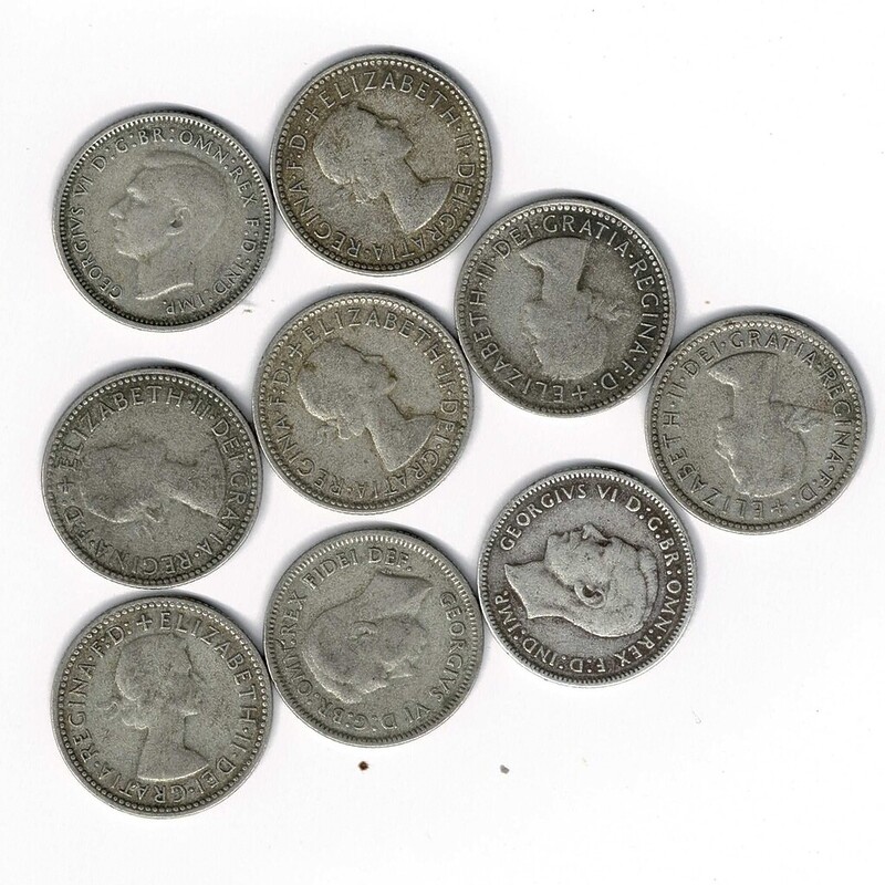 9 X Australian Silver Sixpence Coins Bulk Lot 50% Silver 1946-1963 (incl. 1 X 1942) #60746-1