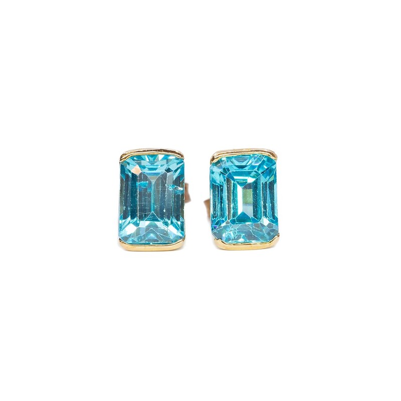 14ct Yellow Gold Rectangular Blue Paste Stud Earrings #19048