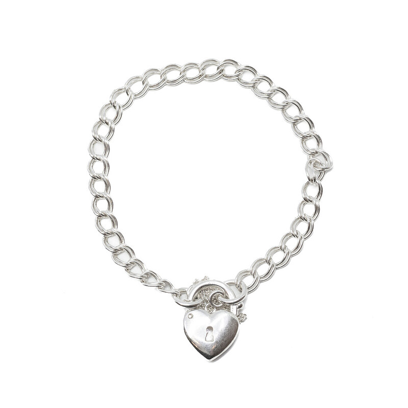 Sterling Silver Double Curb Heart Clasp Bracelet 18cm #62205