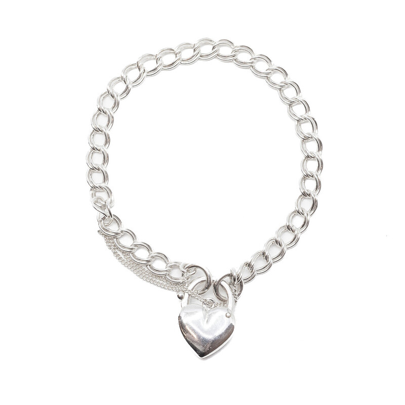Sterling Silver Double Curb Heart Clasp Bracelet 18cm #62205