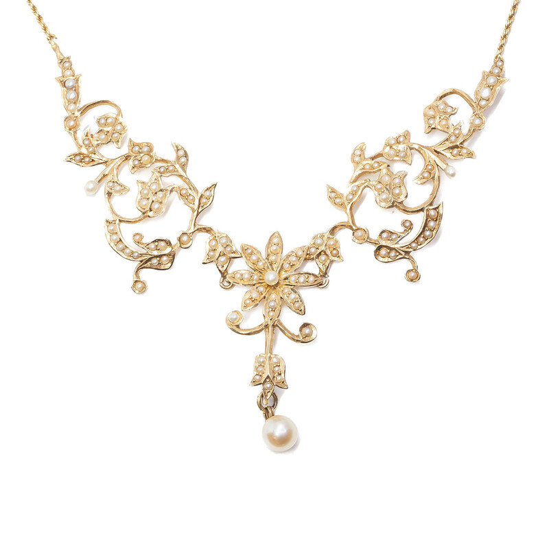 14ct Yellow Gold & Pearl Art Nouveau Floral Necklace 43cm #46363