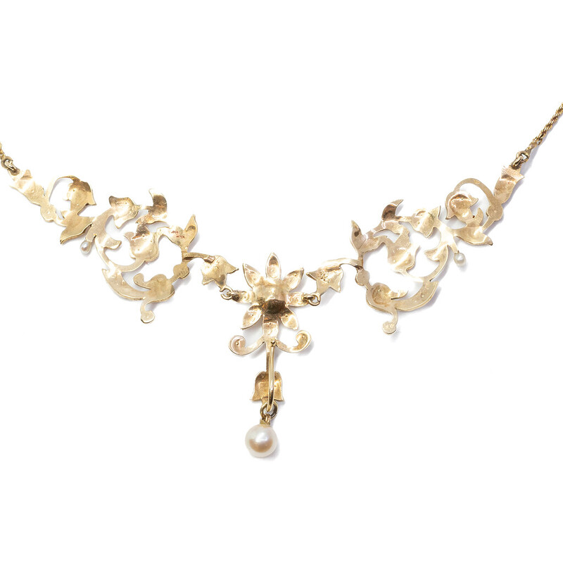 14ct Yellow Gold & Pearl Art Nouveau Floral Necklace 43cm #46363