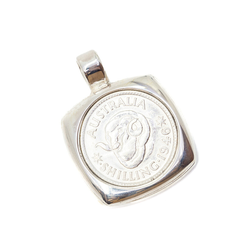 1946 Shilling Coin in Upcycled Antique Sterling Silver Hantily Watch Case Pendant #62920
