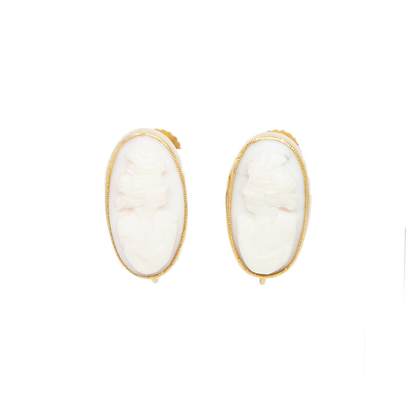 Vintage 9ct Yellow Gold White Cameo Screw / Clip On Earrings #62705