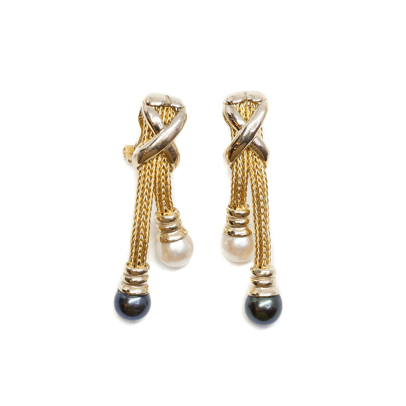 18ct Yellow Gold Black & White Pearl Drop Earrings #61696