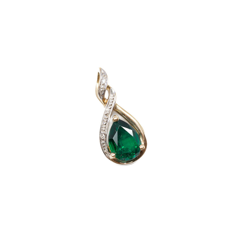 9ct Yellow Gold Pear Emerald & Diamond Pendant #62383