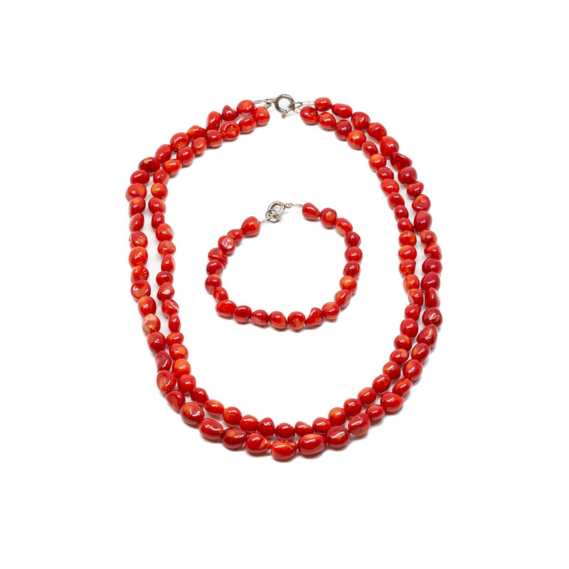 Red & White Coral Dual-Strand Necklace & Bracelet Set #5993-28