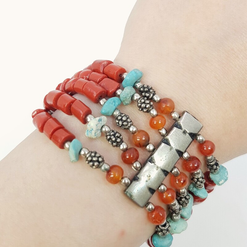 Red Coral & Turquoise Bead Bracelet 18cm #61681-16