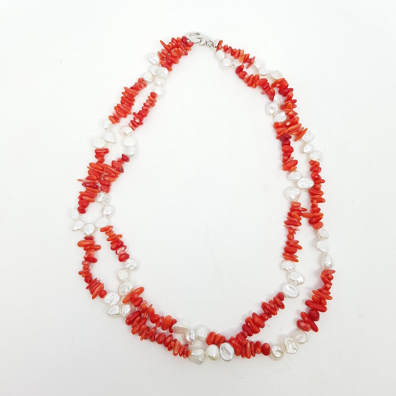 Red Coral & Freshwater Pearl Necklace 50cm #61681-15
